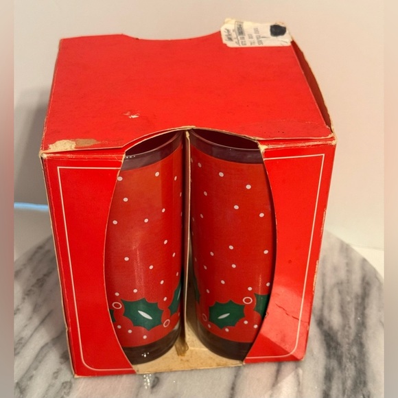 Vintage Libbey Crystal Santa Claus Holly Polka Dot Drinking Glasses Set 4 In Box - Picture 2 of 10